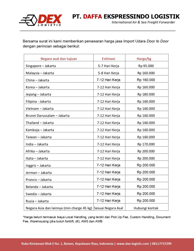 daftar harga jasa import door to door